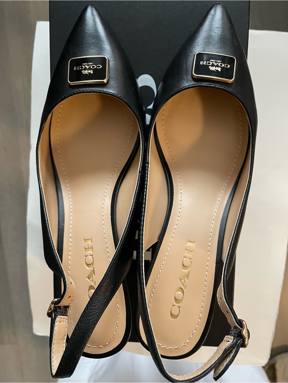 Coach Black Leather Pointed Slingback Flats with Gold Accent